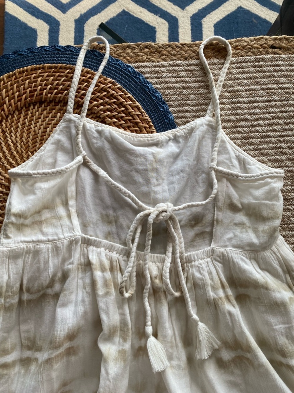 AERIE Off-White Cotton Maxi Dress with Beige Tie-Dye, Rope & Tassel Detail! 🐚 - Picture 13 of 17